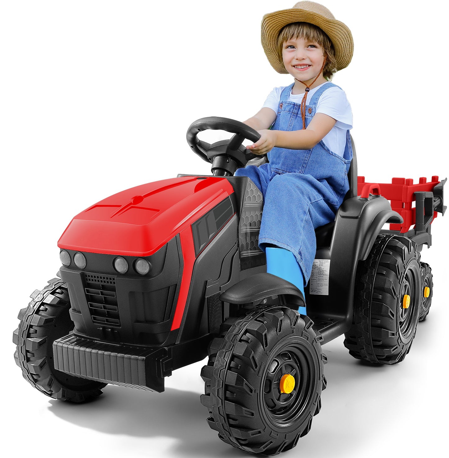 24V 9AH Ride on Tractor with Easy Detachable Trailer, All-Terrain Capability, 400W Electric Vehicles,Ride on car for Big Kid,3-Point Seat Belt for Ages 3+,Music,Max 4.5 mph, Bright Red