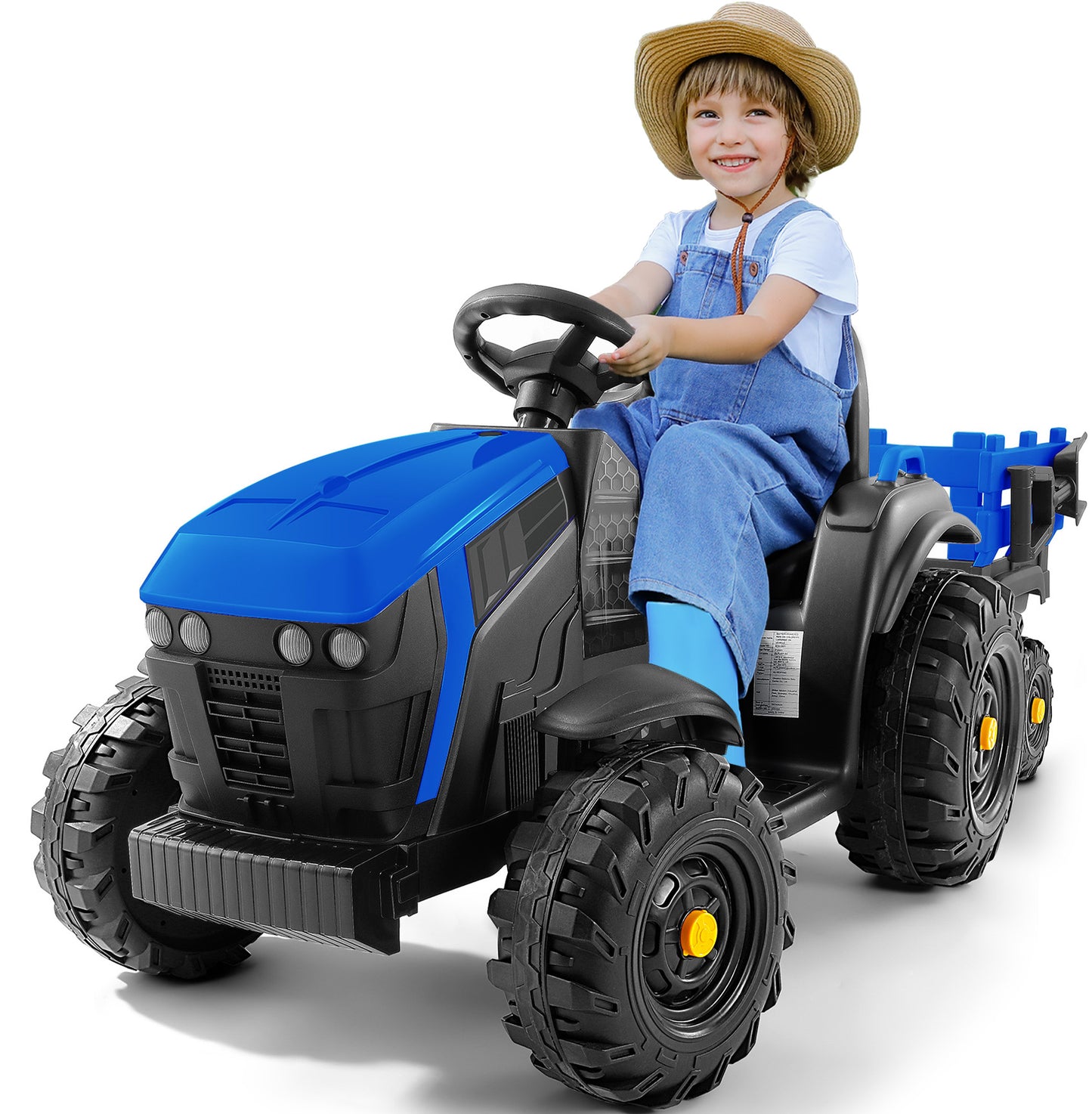 24V 9AH Ride on Tractor with Easy Detachable Trailer, 24V Ride on Toys for Big Kids, 400W Electric Vehicles Ride On Tractor Car with Shovel, All-Terrain Capability, Music, Dark Blue