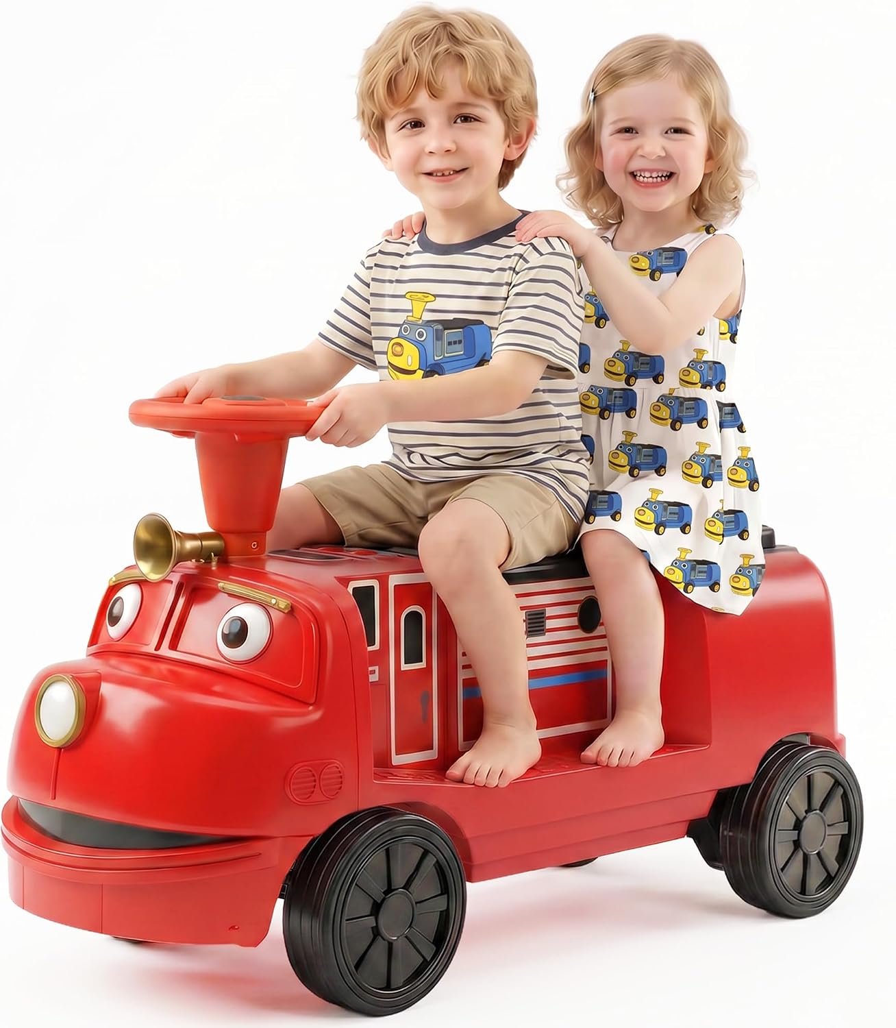 2 Seater Ride On Train Trackless, Chuggington Licensed 12V Ride on Car for Kids 3+, with Storage Space, Whistle, Led, Music, 2 Speeds Max 150 lbs, Red