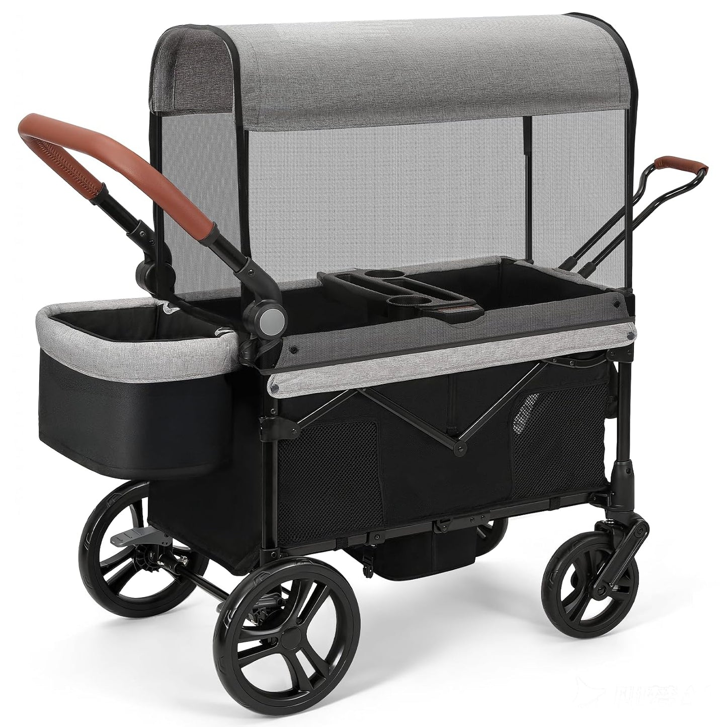 ELEMARA All-Terrain Stroller Wagon for 2 Kids, Foldable Kids Wagon Stroller Includes Removable Canopy,Mosquito net, Adjustable Push&Pull Handle,Snack Tray & Cup Holders, Storage Basket, Grey+Black