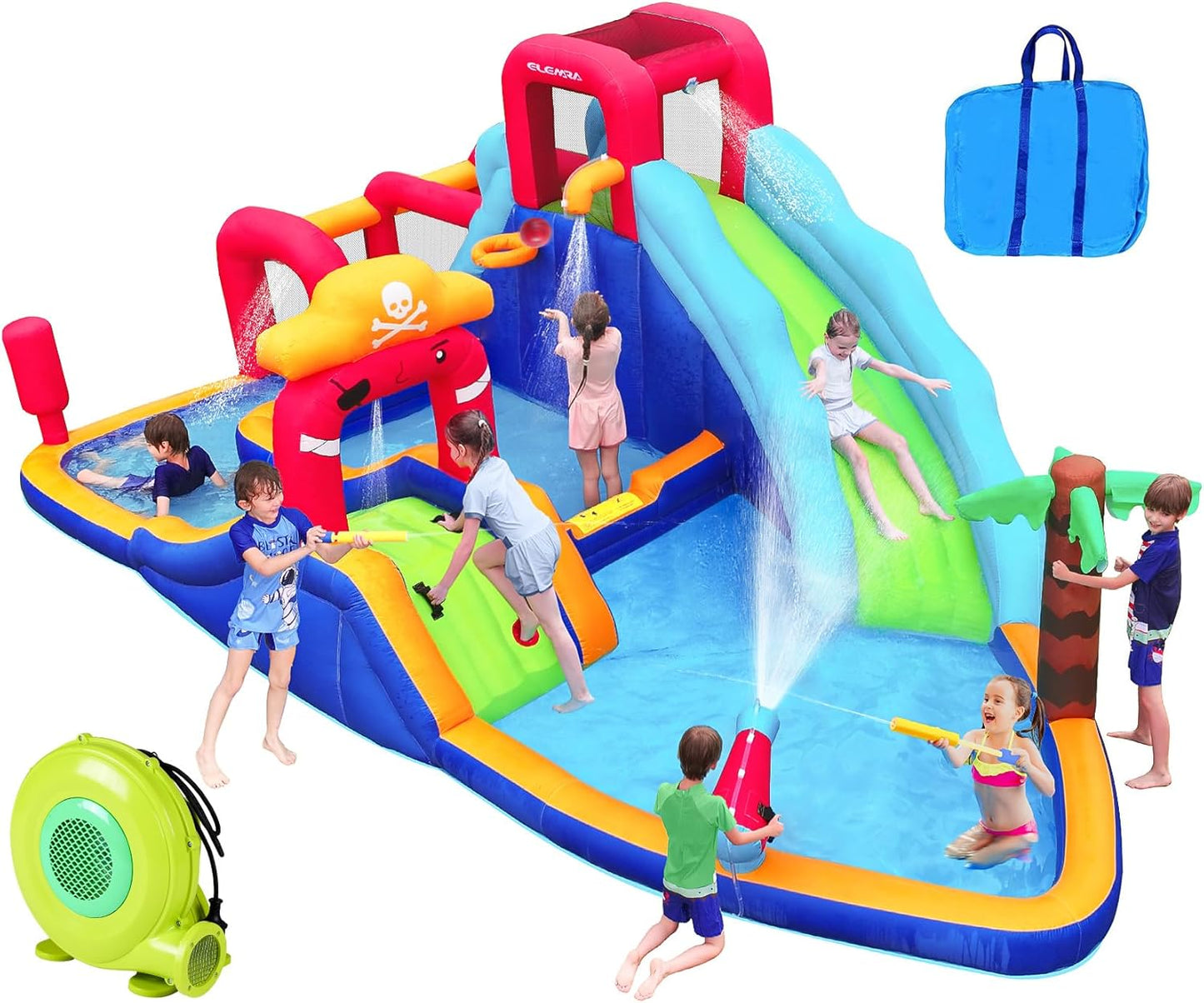 Inflatable Water Slide Bounce House, 10 in 1 Inflatable Water Park with Blower, 2 Slides & 2 Climbing Walls & 2 Water Guns, Deep Pool Giant Splash Pool, Water Slides for Kids Backyard for 6