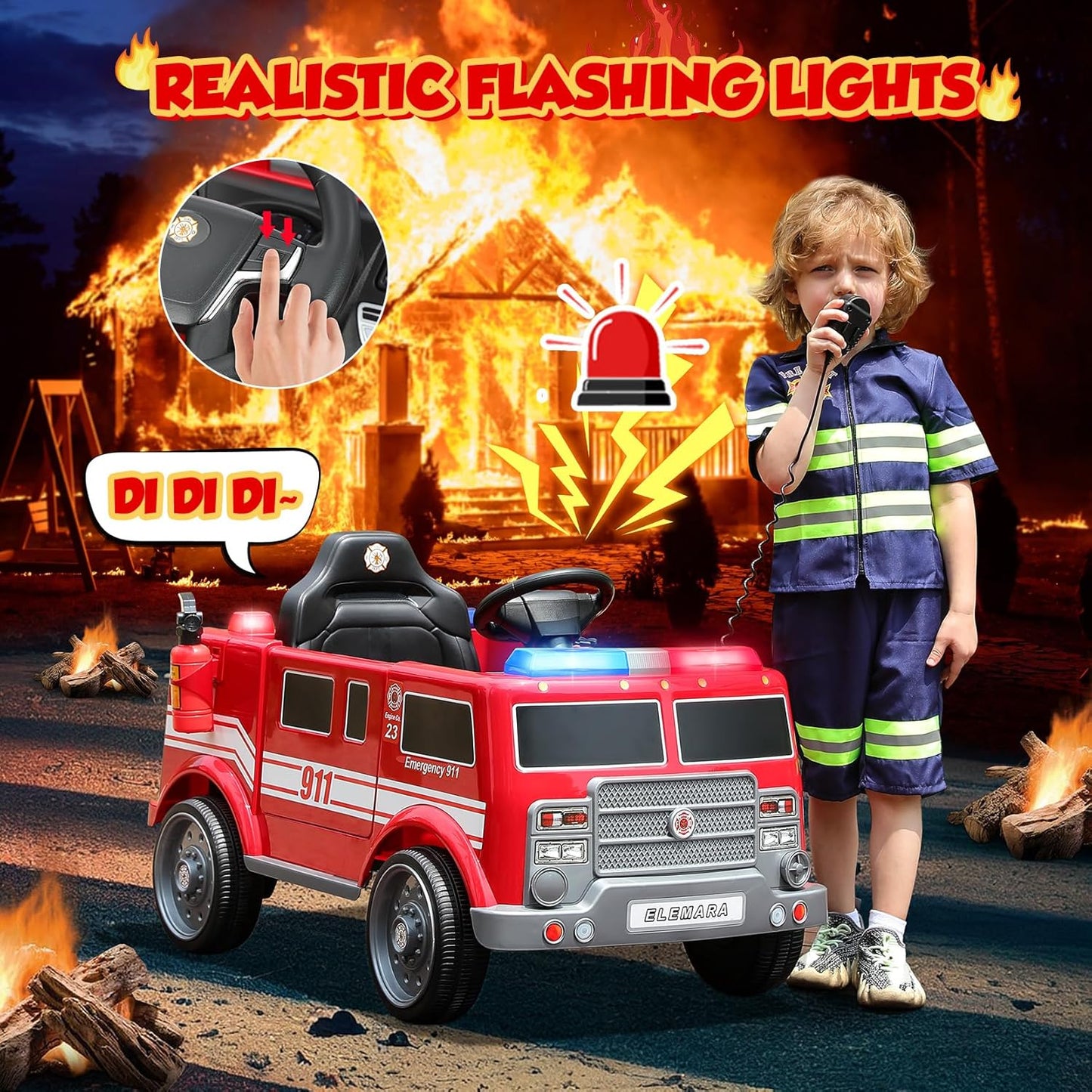 12V7AH Ride on Fire Truck Electric Ride on Car for Kids
