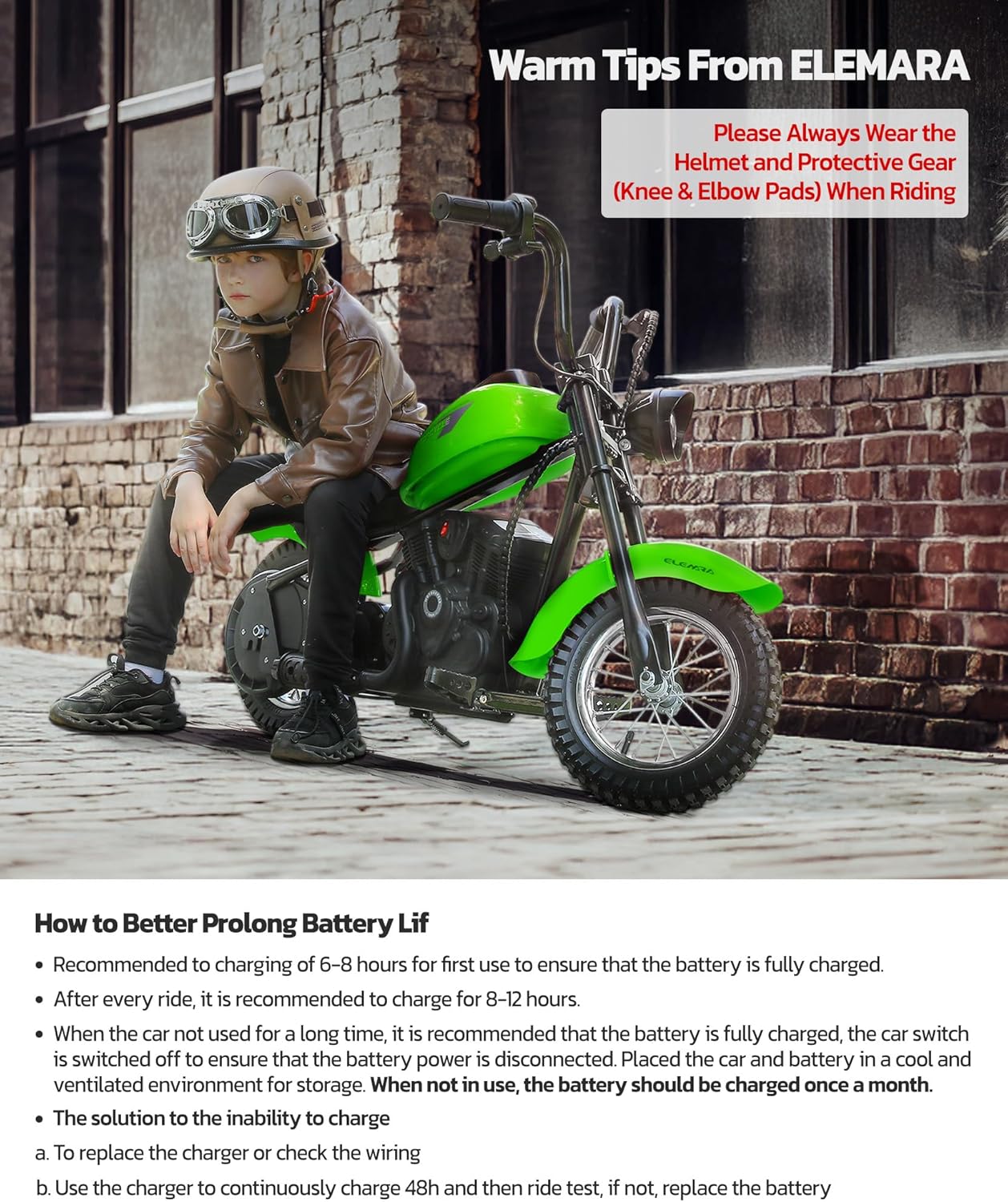 ELEMARA Dirt Bike Electric, 15 mph & 150lb Max, Motor Bikes for Kids (Green)