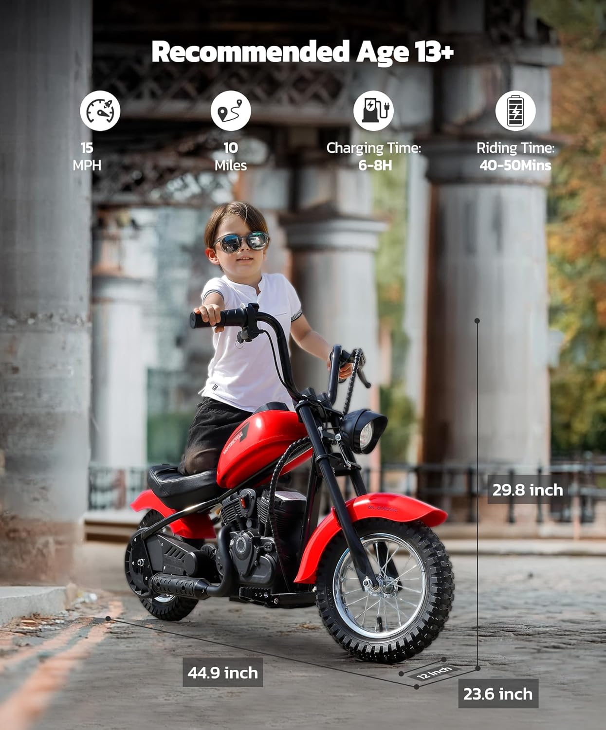 ELEMARA Dirt Bike Electric, 15 mph & 150lb Max, Motor Bikes for Kids (Red)