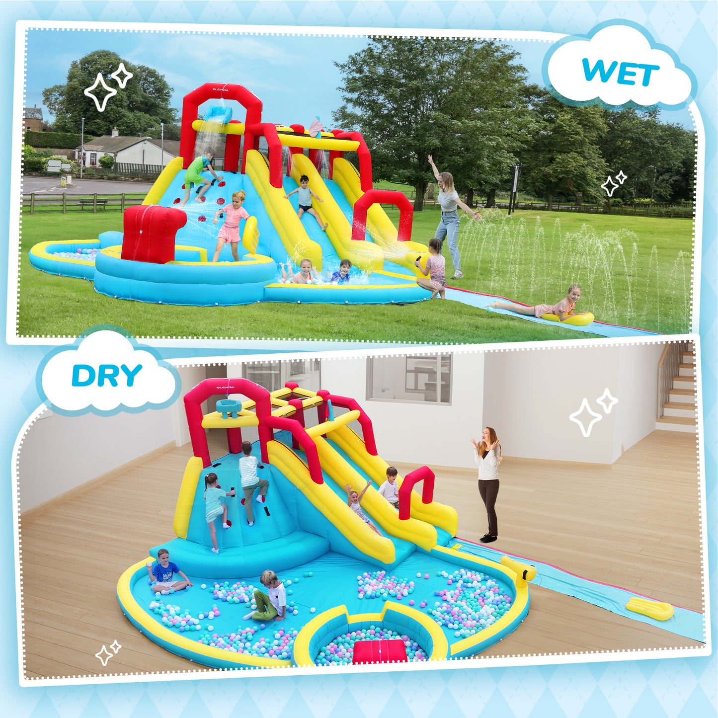ELEMARA XL Inflatable Water Slide with 19ft Attachable Slip and Slide,Large 7 in 1 Blow Up Water Park,Bounce House for Backyard with 2 Slides,Climbing Wall,Deep Pool,Water Cannon,750W Blower for Kids