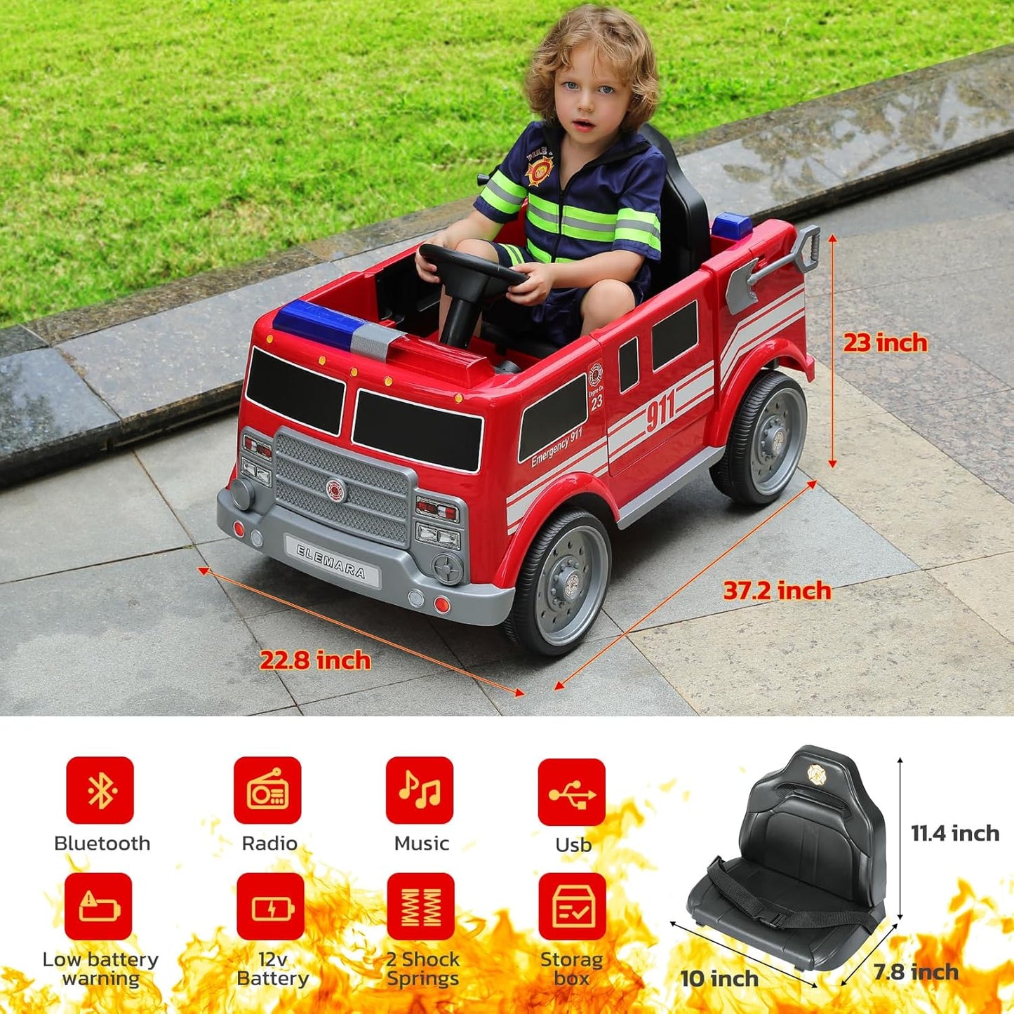 12V7AH Ride on Fire Truck Electric Ride on Car for Kids