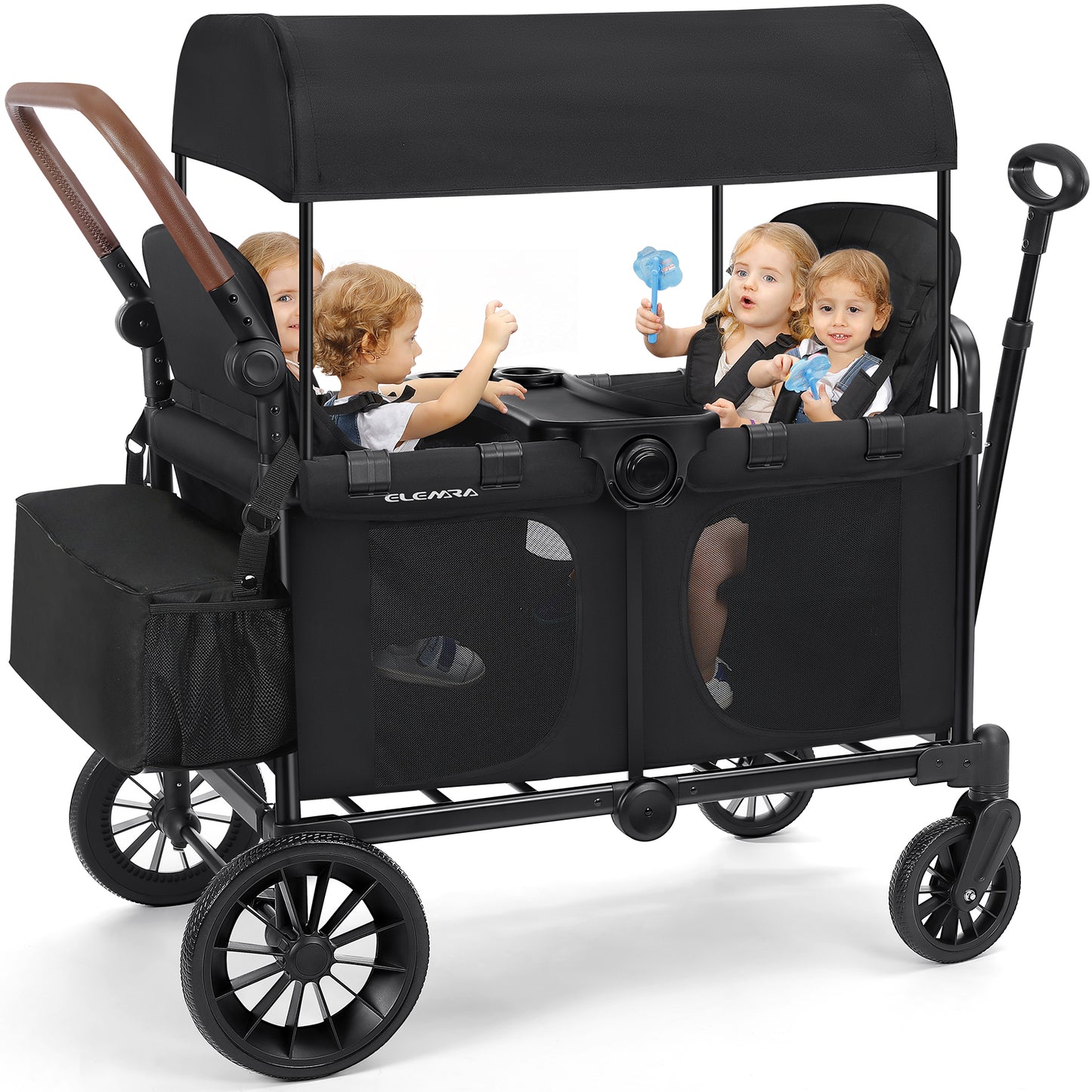 ELEMARA 4 Seater Wagon Stroller, Premium Stroller Wagon for 4 Kids, Foldable All-Terrain Wagon for Kids with Canopy, Adjustable Push/Pull Handles,Convertible High Seat&Organizer, Black