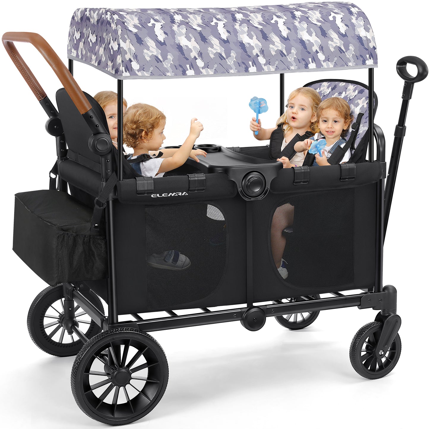 ELEMARA Wagon Stroller 4 Seater, Premium Stroller Wagon for 4 Kids, Foldable All-Terrain Wagon for Kids with Canopy, Adjustable Push/Pull Handles,Convertible High Seat&Organizer, Black+Purple
