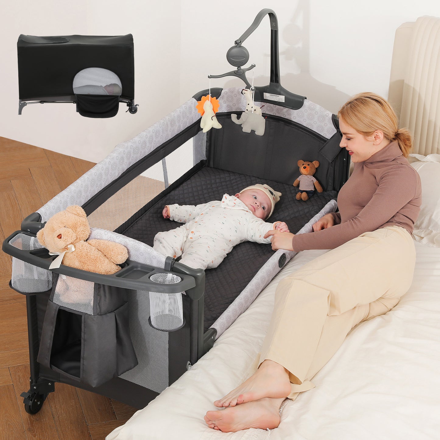 ELEMARA 4 in 1 Baby Bassinet Bedside Crib with Diaper Changer, Mattress, 1-Second Set up Bedside Bassinet with 3 Adjustable Height, Portable Crib with Storage/Toy Bar/Zip Door