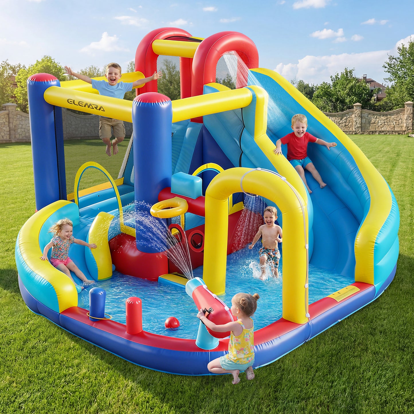 10 in 1 Inflatable Water Slide Bounce House, Inflatable Bounce House with Blower, Dual Slides & Climbing Walls & Ring-toss Game & 2 Water Guns, Splash Pool, Blow up Water Slide with Blower