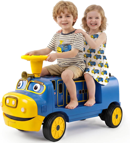2 Seater Ride On Train Trackless, Chuggington Licensed 12V Ride on Car for Kids 3+, with Storage Space, Whistle, Led, Music, 2 Speeds Max 150 lbs, Blue