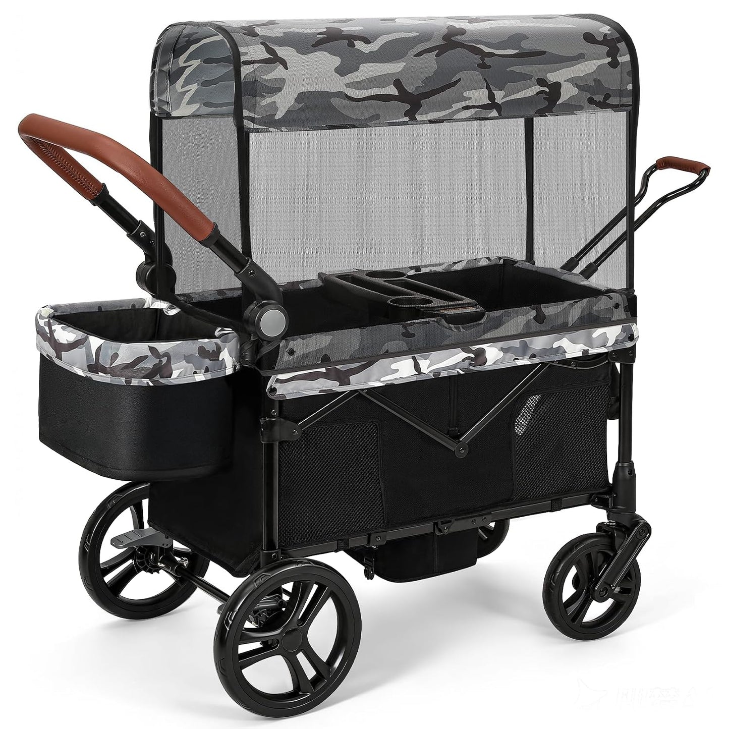 ELEMARA All-Terrain Stroller Wagon for 2 Kids, Foldable Kids Wagon Stroller Includes Removable Canopy,Mosquito net, Adjustable Push＆Pull Handle,Snack Tray & Cup Holders, Storage Basket, Black+White