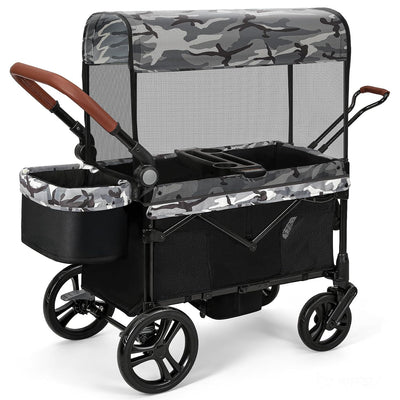 ELEMARA All-Terrain Stroller Wagon for 2 Kids, Foldable Kids Wagon Stroller Includes Removable Canopy,Mosquito net, Adjustable Push＆Pull Handle,Snack Tray & Cup Holders, Storage Basket, Black+White