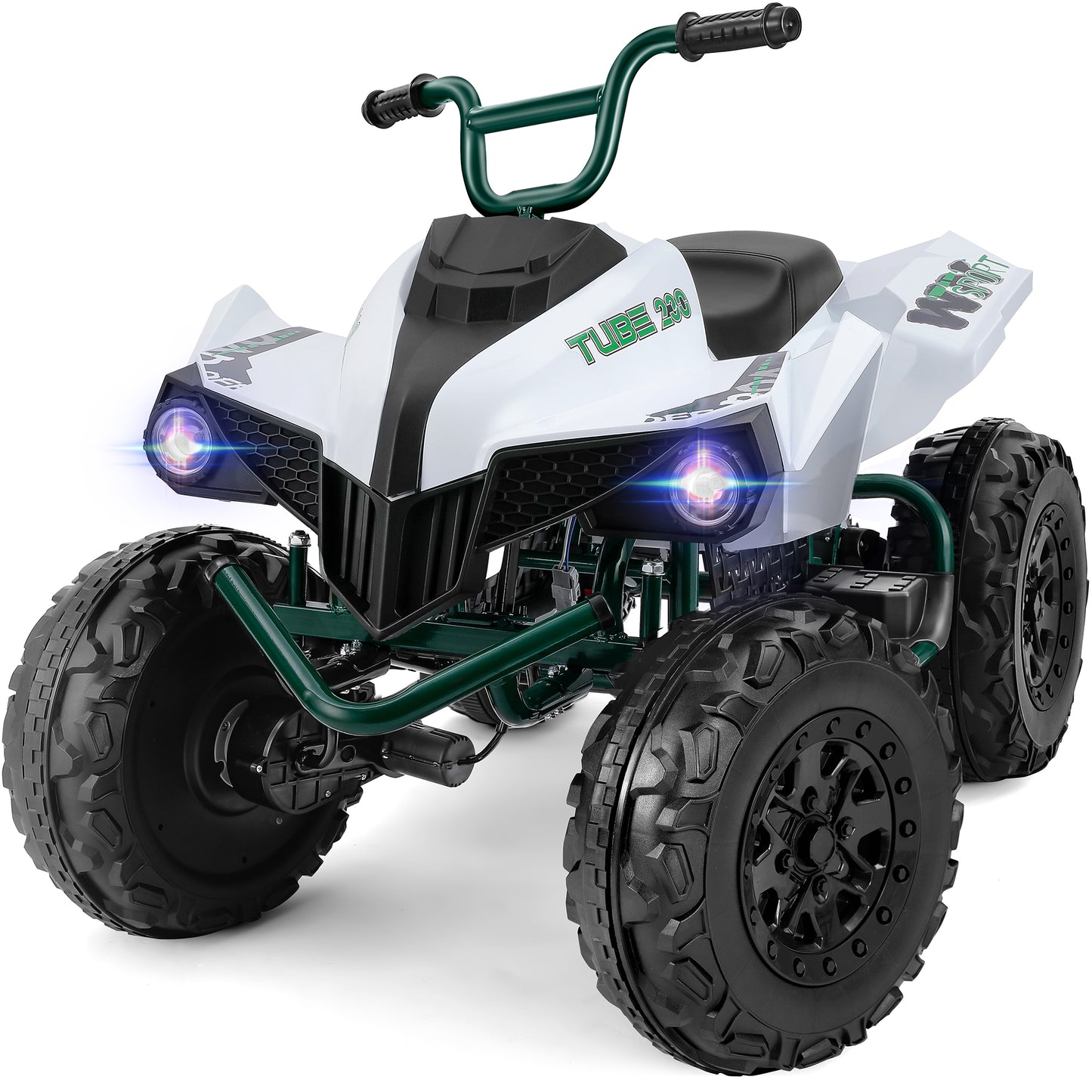 24V Iron-Frame 2 Seater Ride on ATV for Big Kids,4x4 Bigger Wheels Battery Powered Kids 4 Wheeler,400W Motor with 5 Mph Max Speed,Spring Suspension,2 Speed Enjoy More Outdoor Fun,Green&White