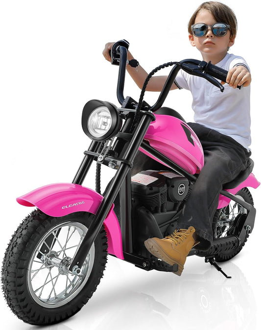 Electric Dirt Bike, 15 mph & 150lb Max, 24V Ride on Toy for Big Kids w/LED Lights & Power Display,Chain-Driven Motor,Twist-Grip Throttle, Shock Springs,Handbrake,12" Air-Filled Tires-Pink