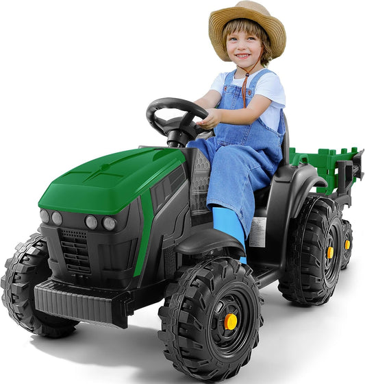 24V 9AH Ride on Tractor with Easy Detachable Trailer, 400W Motors Electric Tractor Toy for Big Kids, All-Terrain Capability, Safety Design with 3-Point Seat Belt for Ages 3+, Green