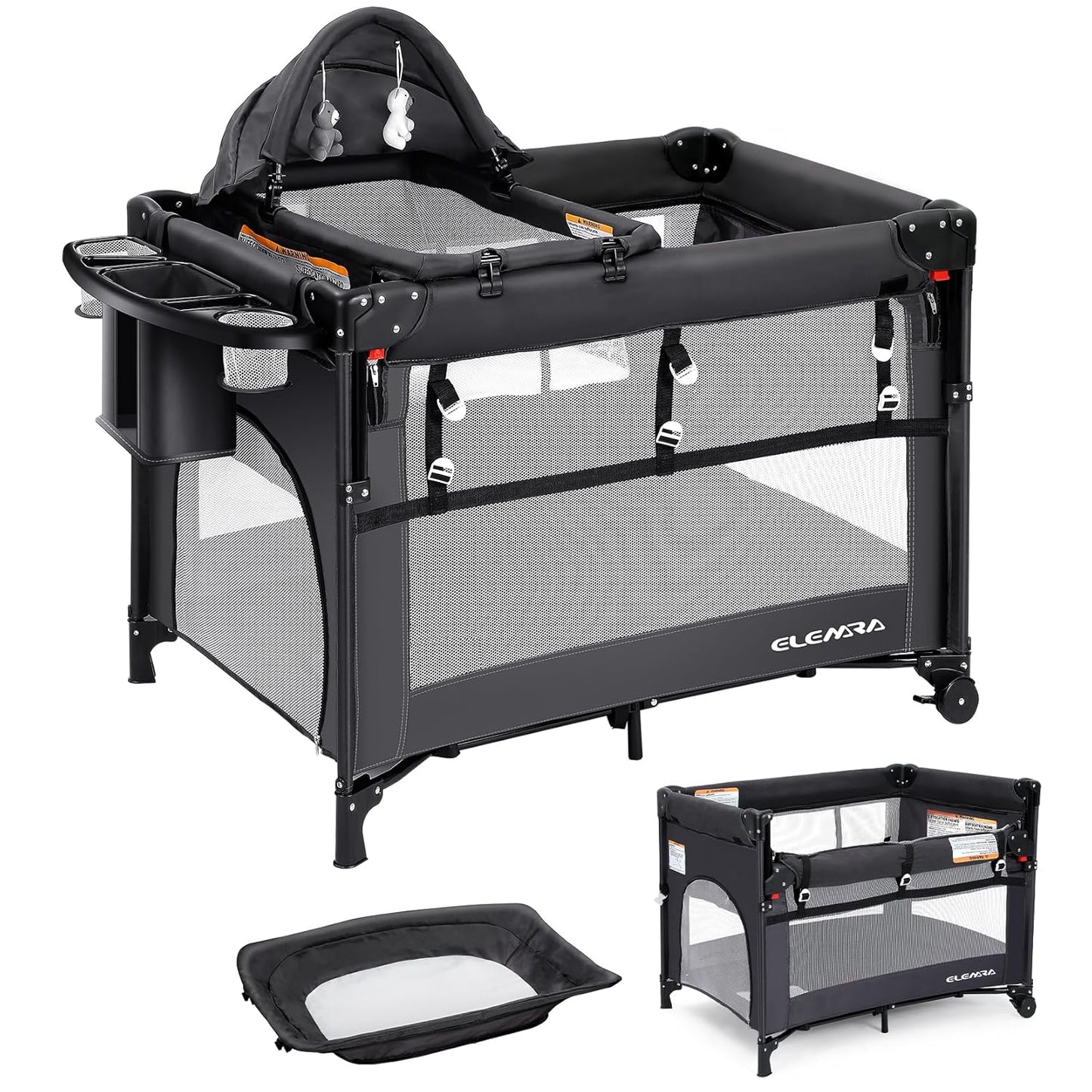 5 in 1 Pack and Play, Adjustable Baby Bedside Bassinet Sleeper,1-Second Setup Foldable Playard from Newborn to Toddles,Bedside Crib with Changing Table,Portable Travel Bassinet,Ziper Door,Gray