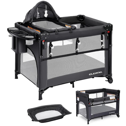 5 in 1 Pack and Play, Adjustable Baby Bedside Bassinet Sleeper,1-Second Setup Foldable Playard from Newborn to Toddles,Bedside Crib with Changing Table,Portable Travel Bassinet,Ziper Door,Gray