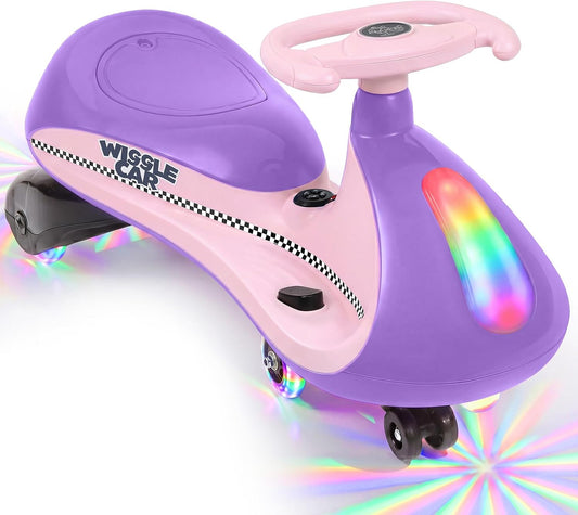 12V Electric Wiggle Car,Wiggle Cart with Bottom Flashing Light,2 Speeds,Kids Ride On Toys with Sticker,9 Color Modes,Flashing Wheels, Bluetooth,Pedal,for Age 3+,150 Lbs,Purple