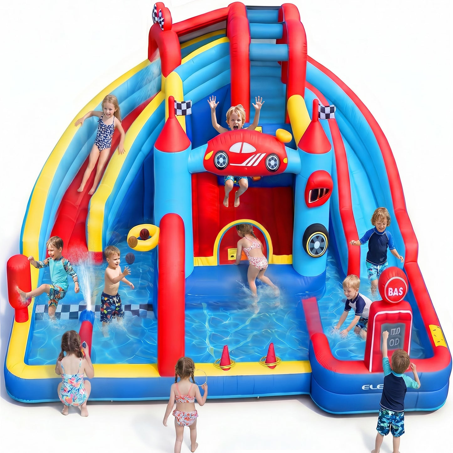 Speed Racer 15-in-1 Inflatable Water Slide Bounce House for Big Kids, 191x175in Double Slide Water Park w/Climbing Wall, Splash Pool,Water Cannon,Basketball,Dartboard & Boxing Post,750W Blower