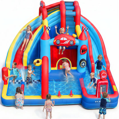 Speed Racer 15-in-1 Inflatable Water Slide Bounce House for Big Kids, 191x175in Double Slide Water Park w/Climbing Wall, Splash Pool,Water Cannon,Basketball,Dartboard & Boxing Post,750W Blower