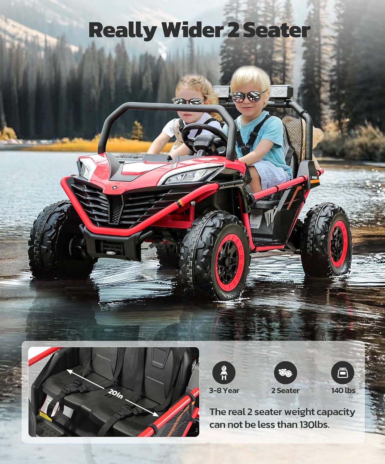 24V Ride on Car for Kids, 2 Seater XL 20" Seat Ride on Toy, 10AH 4WD Battery Powered 4.5MPH Electric Car with Remote, 3 Speeds, Music Gift for Ages 3-8