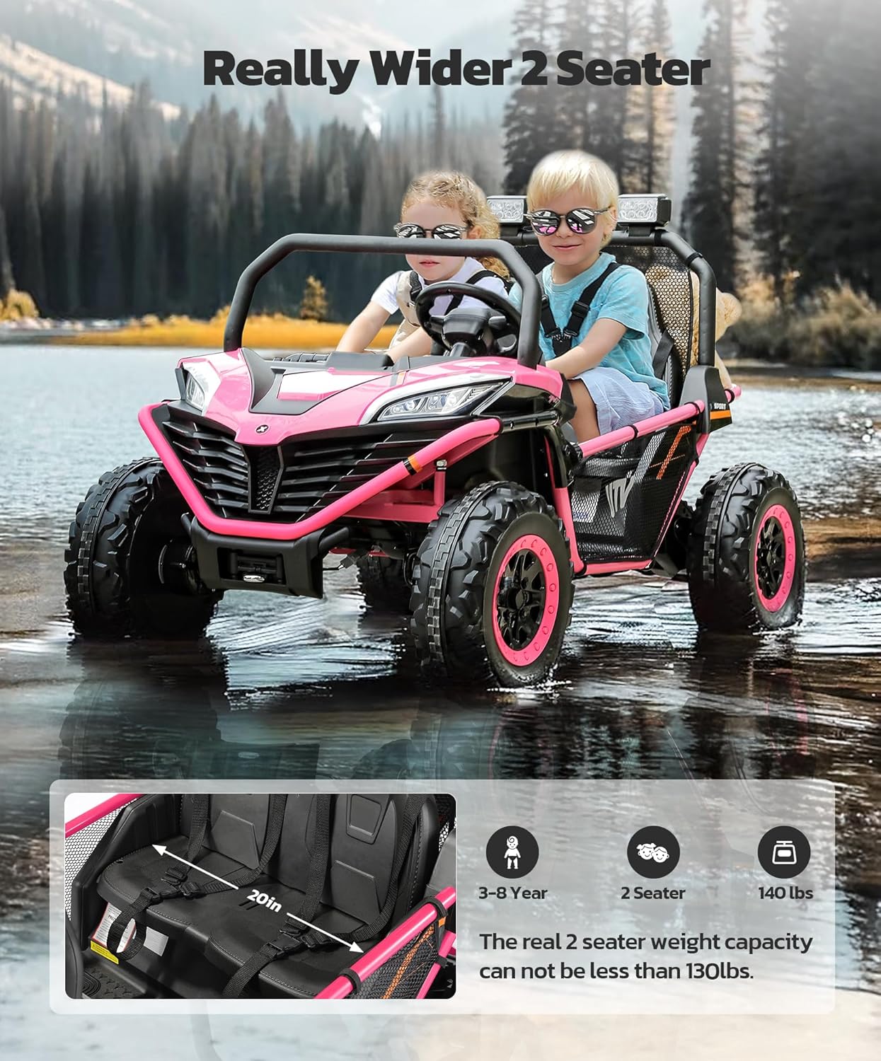 24V Ride on Car for Kids, 2 Seater XL 20" Seat Ride on Toy, 10AH 4WD Battery Powered 4.5MPH Electric Car with Remote, 3 Speeds, Music Gift for Ages 3-8