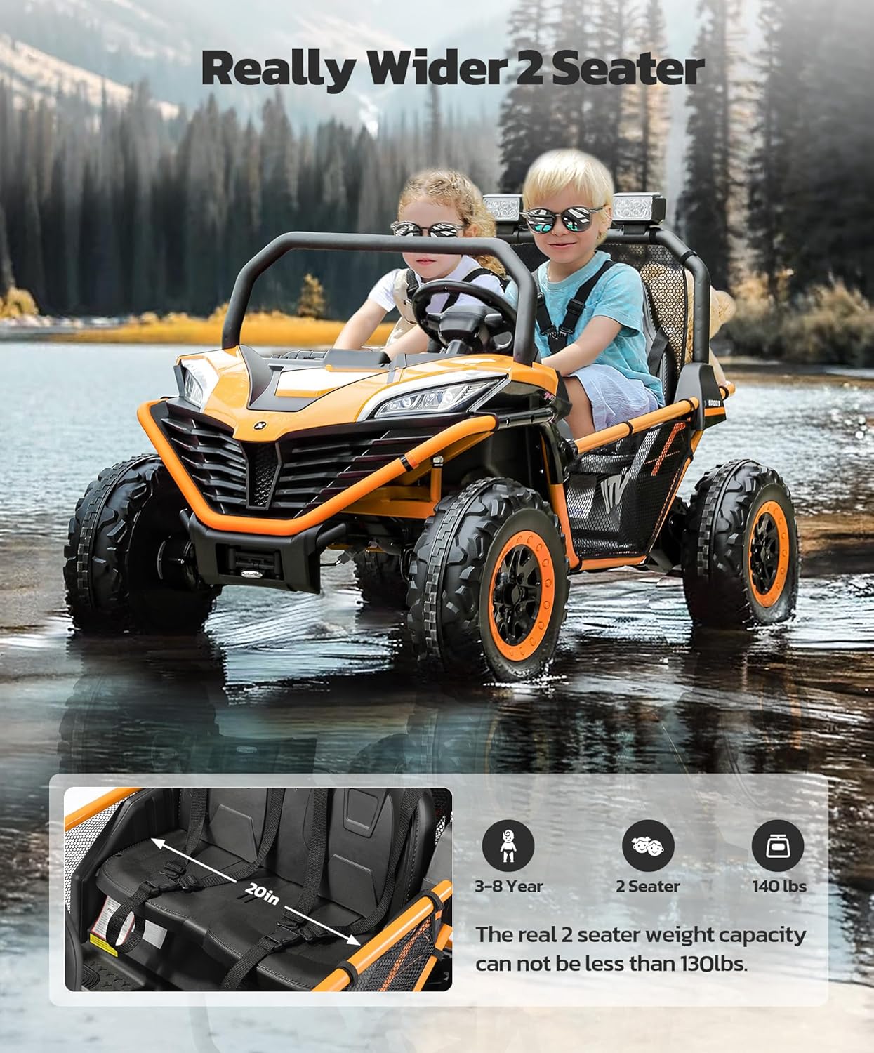 24V Ride on Car for Kids, 2 Seater XL 20" Seat Ride on Toy, 10AH 4WD Battery Powered 4.5MPH Electric Car with Remote, 3 Speeds, Music Gift for Ages 3-8