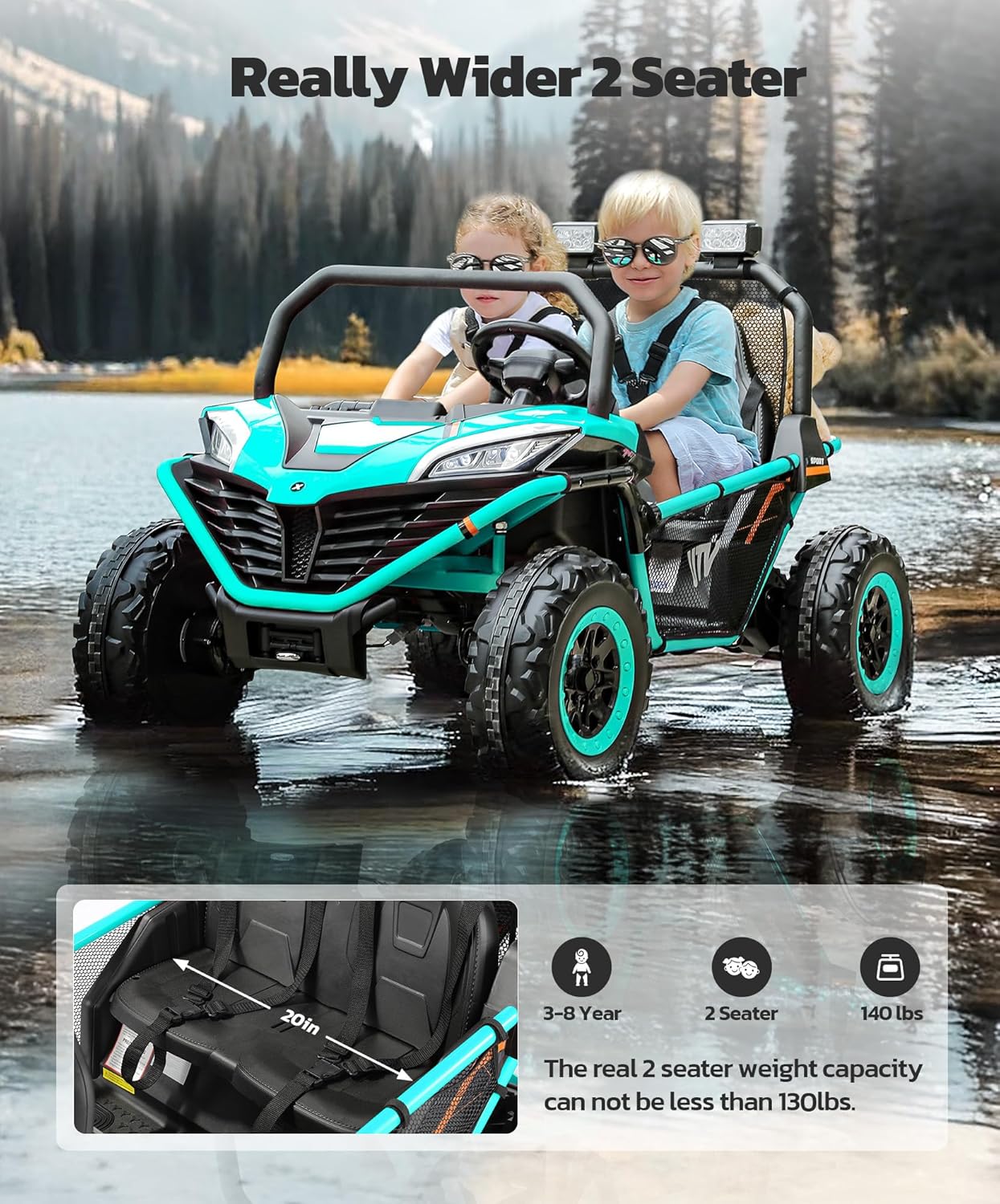 24V Ride on Car for Kids, 2 Seater XL 20" Seat Ride on Toy, 10AH 4WD Battery Powered 4.5MPH Electric Car with Remote, 3 Speeds, Music Gift for Ages 3-8