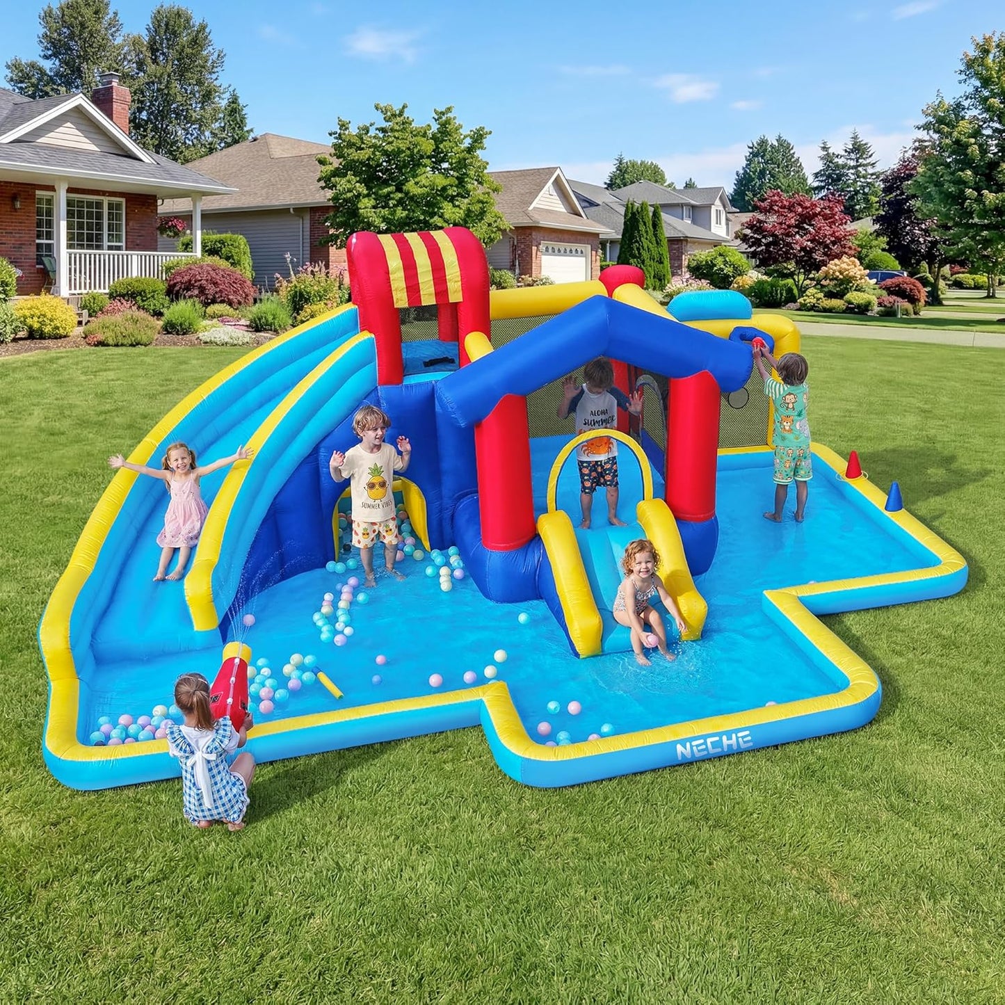 Dual Slides Inflatable Water Park with 550W Blower, 9 in 1 Giant Outdoor Bounce House 215"×141"×78", Climbing Wall, Splash Pool, Water Cannon, Basketball Hoop, Ring Toss, Crawling Tunnel