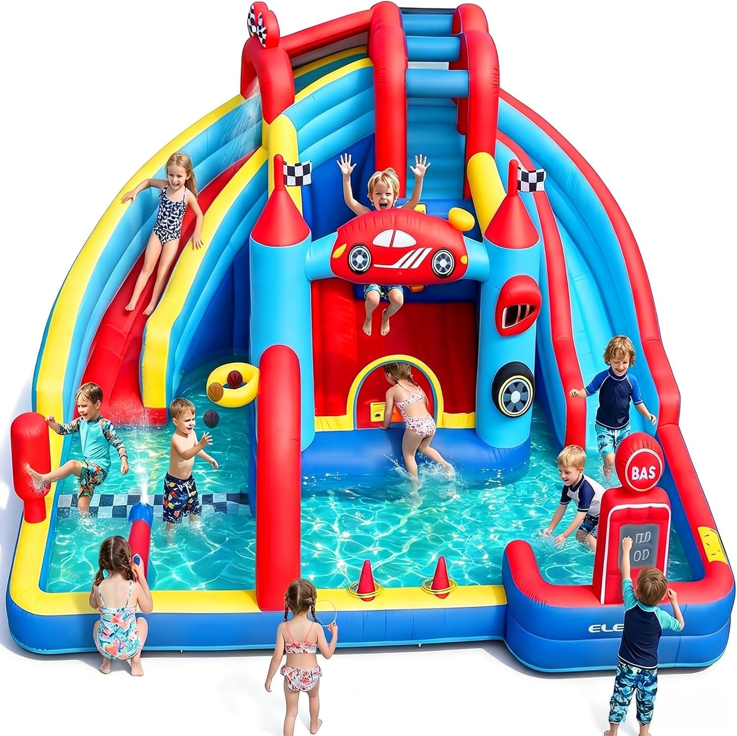 Speed Racer 15-in-1 Inflatable Water Slide Bounce House for Big Kids, 191x175in Double Slide Water Park w/Climbing Wall, Splash Pool,Water Cannon,Basketball,Dartboard & Boxing Post,750W Blower