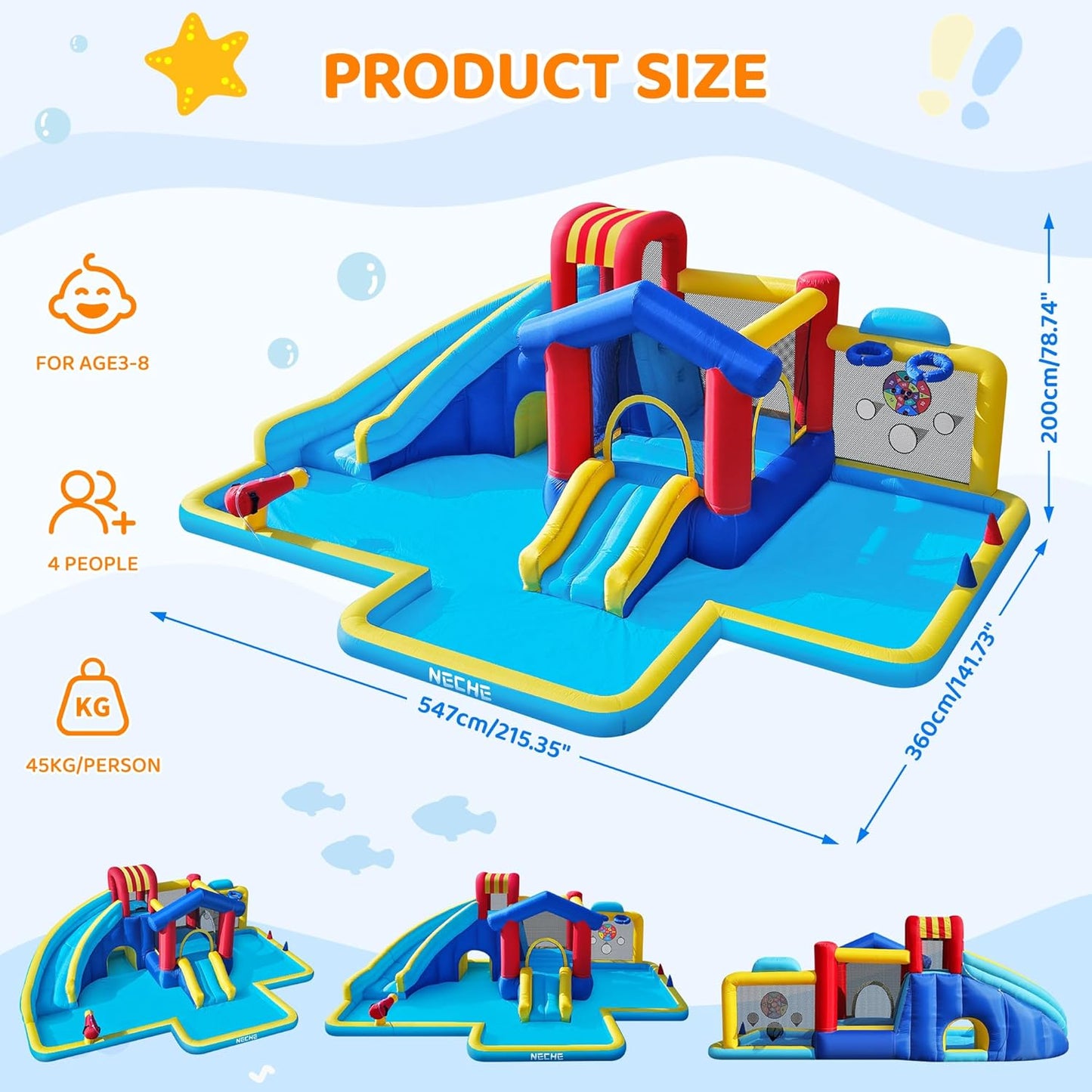 Dual Slides Inflatable Water Park with 550W Blower, 9 in 1 Giant Outdoor Bounce House 215"×141"×78", Climbing Wall, Splash Pool, Water Cannon, Basketball Hoop, Ring Toss, Crawling Tunnel