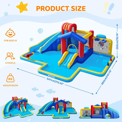 Dual Slides Inflatable Water Park with 550W Blower, 9 in 1 Giant Outdoor Bounce House 215"×141"×78", Climbing Wall, Splash Pool, Water Cannon, Basketball Hoop, Ring Toss, Crawling Tunnel