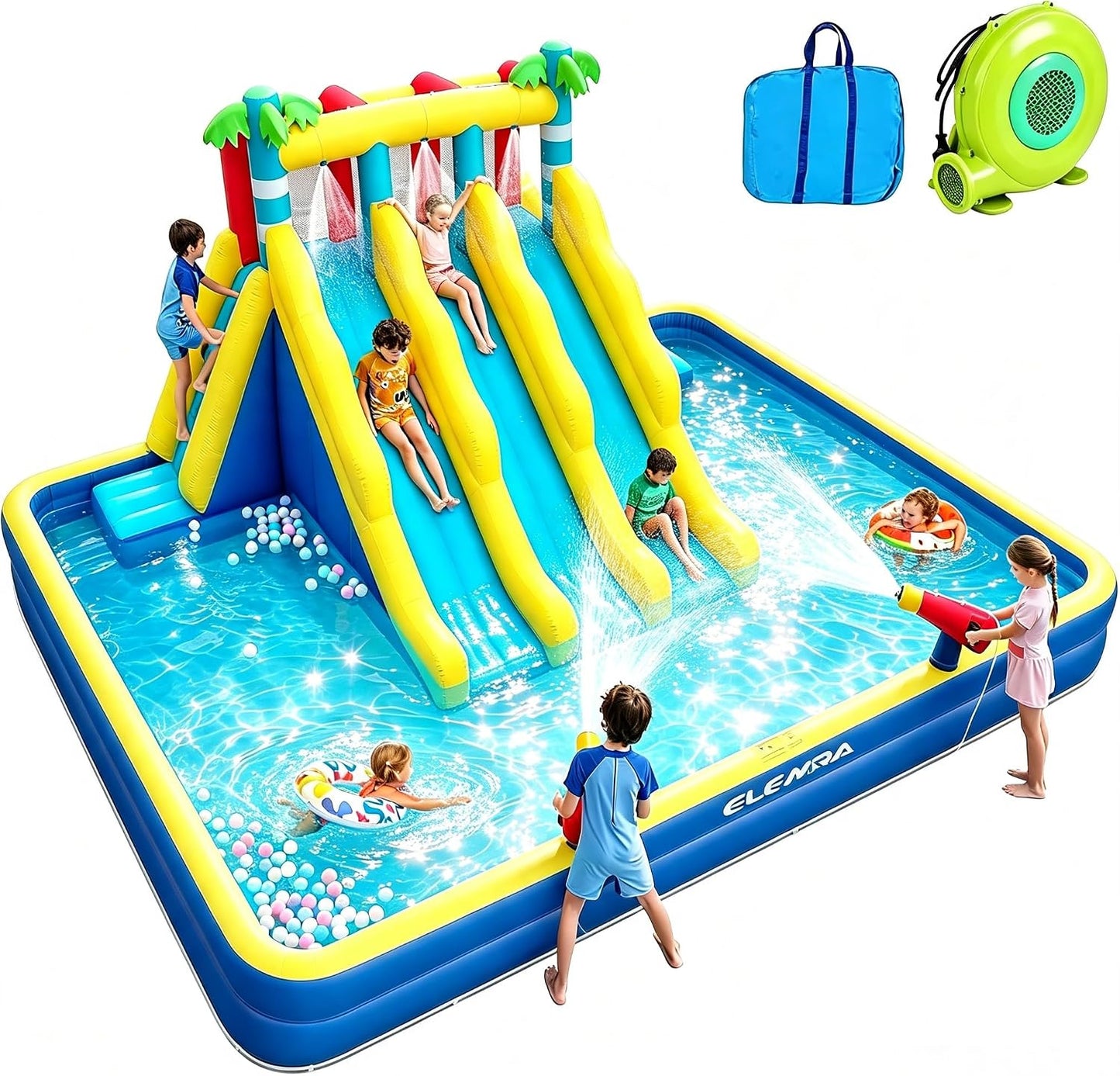 Inflatable Water Slide for Big Kids w/Large Double-Layer Pool, 20.66x16.4FT, Water Park for Kids Backyard w/3 Extra-Long Slides, Climbing Wall, 2 Water Cannons, Water Spraying, 750W Air Blower