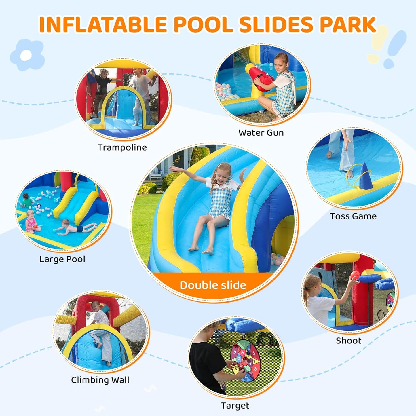 Dual Slides Inflatable Water Park with 550W Blower, 9 in 1 Giant Outdoor Bounce House 215"×141"×78", Climbing Wall, Splash Pool, Water Cannon, Basketball Hoop, Ring Toss, Crawling Tunnel