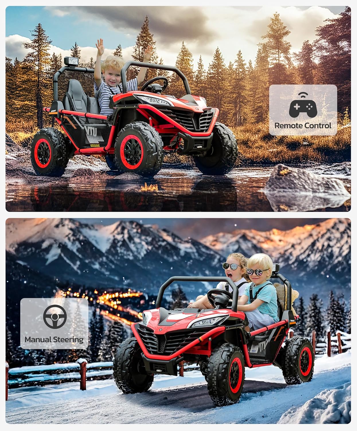 24V Ride on Car for Kids, 2 Seater XL 20" Seat Ride on Toy, 10AH 4WD Battery Powered 4.5MPH Electric Car with Remote, 3 Speeds, Music Gift for Ages 3-8