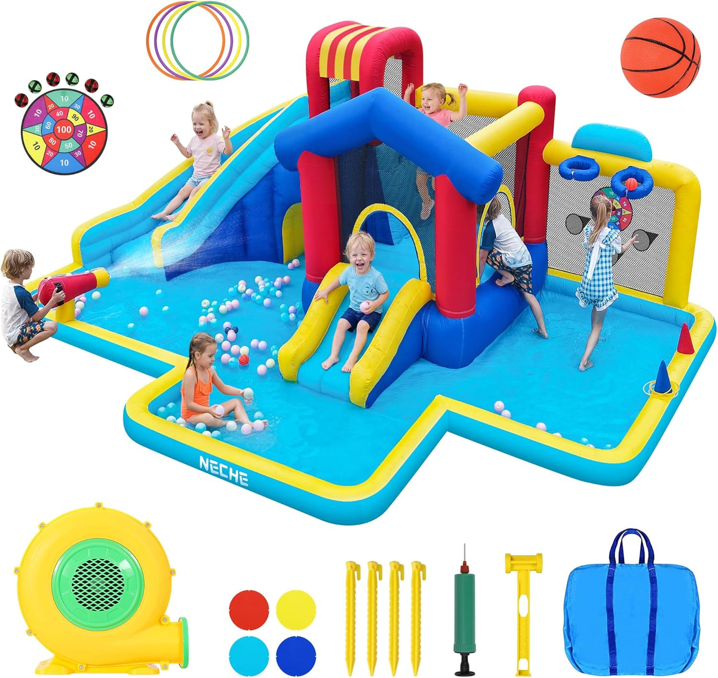 Dual Slides Inflatable Water Park with 550W Blower, 9 in 1 Giant Outdoor Bounce House 215"×141"×78", Climbing Wall, Splash Pool, Water Cannon, Basketball Hoop, Ring Toss, Crawling Tunnel