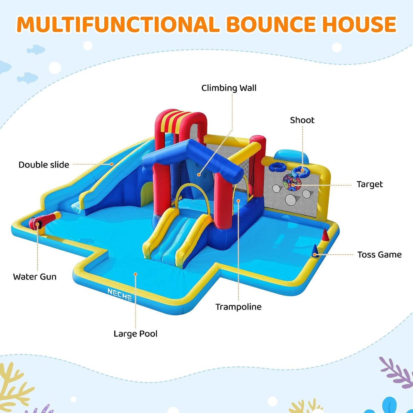 Dual Slides Inflatable Water Park with 550W Blower, 9 in 1 Giant Outdoor Bounce House 215"×141"×78", Climbing Wall, Splash Pool, Water Cannon, Basketball Hoop, Ring Toss, Crawling Tunnel