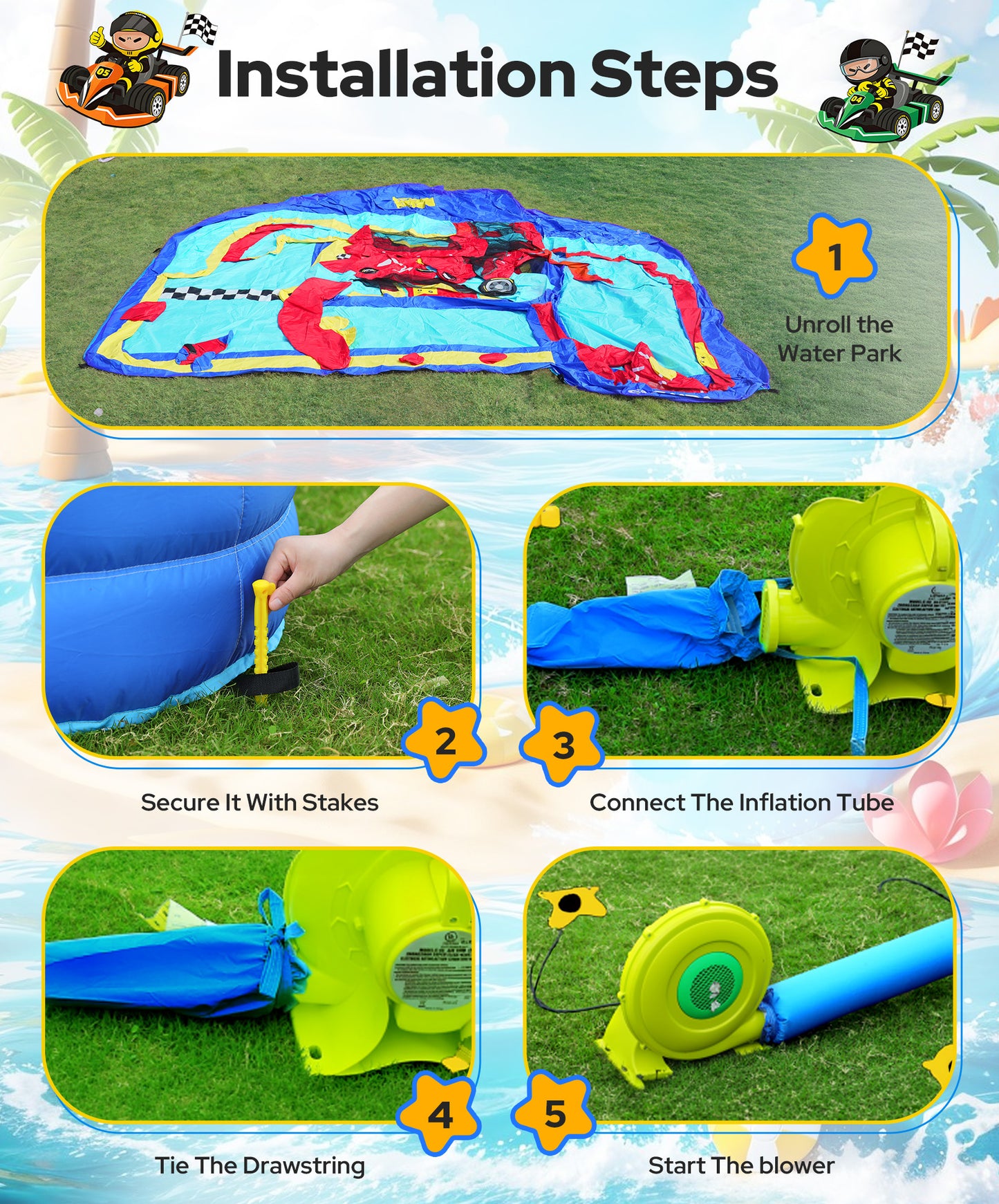 Speed Racer 15-in-1 Inflatable Water Slide Bounce House for Big Kids, 191x175in Double Slide Water Park w/Climbing Wall, Splash Pool,Water Cannon,Basketball,Dartboard & Boxing Post,750W Blower