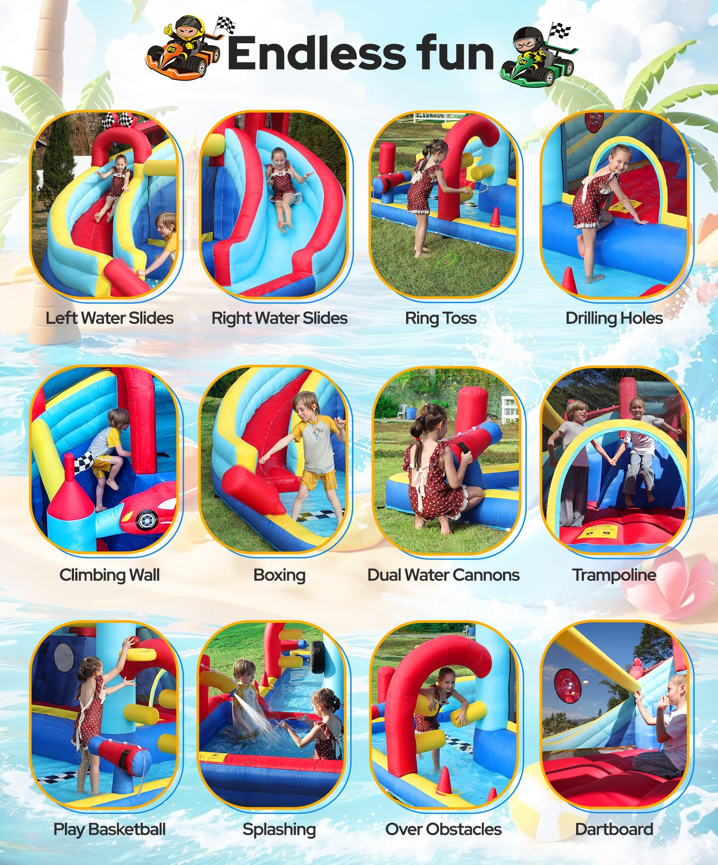 Speed Racer 15-in-1 Inflatable Water Slide Bounce House for Big Kids, 191x175in Double Slide Water Park w/Climbing Wall, Splash Pool,Water Cannon,Basketball,Dartboard & Boxing Post,750W Blower