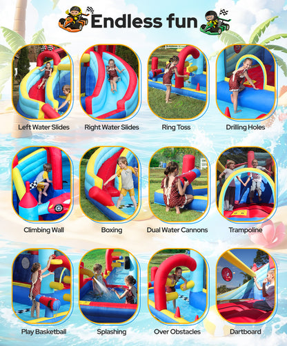 Speed Racer 15-in-1 Inflatable Water Slide Bounce House for Big Kids, 191x175in Double Slide Water Park w/Climbing Wall, Splash Pool,Water Cannon,Basketball,Dartboard & Boxing Post,750W Blower