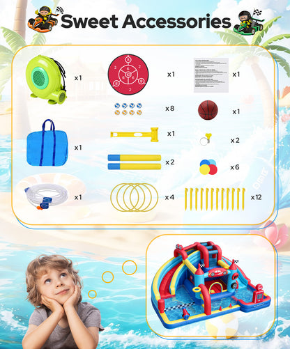 Speed Racer 15-in-1 Inflatable Water Slide Bounce House for Big Kids, 191x175in Double Slide Water Park w/Climbing Wall, Splash Pool,Water Cannon,Basketball,Dartboard & Boxing Post,750W Blower