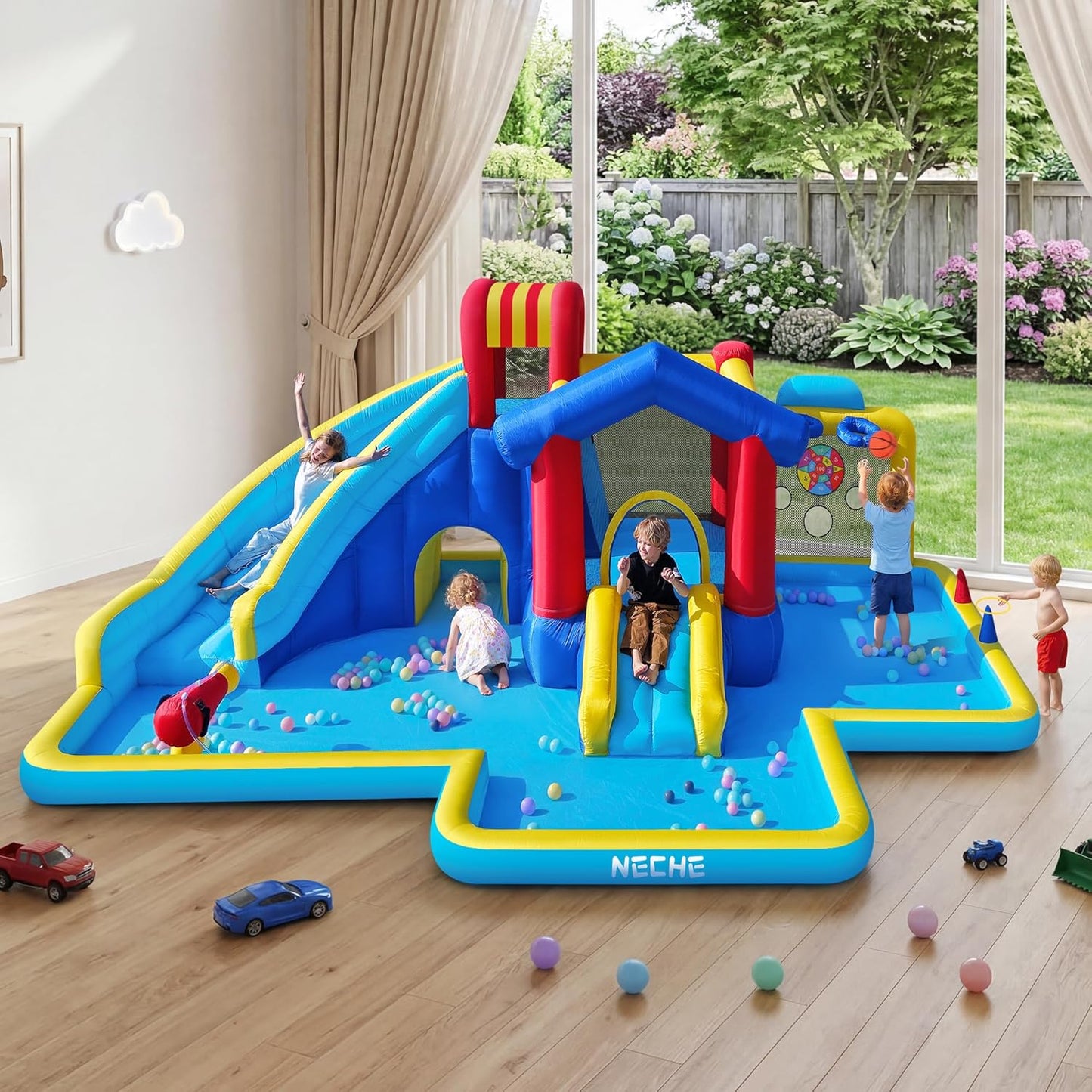Dual Slides Inflatable Water Park with 550W Blower, 9 in 1 Giant Outdoor Bounce House 215"×141"×78", Climbing Wall, Splash Pool, Water Cannon, Basketball Hoop, Ring Toss, Crawling Tunnel