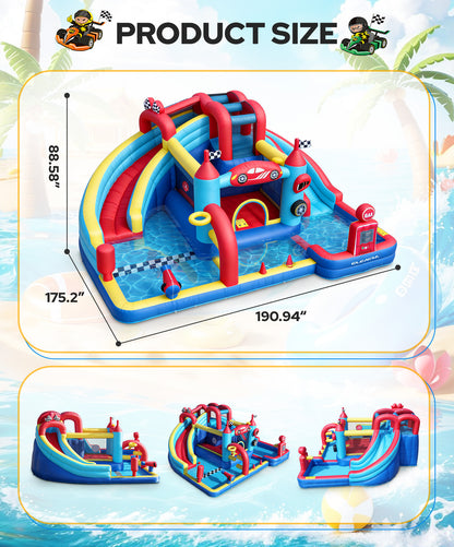Speed Racer 15-in-1 Inflatable Water Slide Bounce House for Big Kids, 191x175in Double Slide Water Park w/Climbing Wall, Splash Pool,Water Cannon,Basketball,Dartboard & Boxing Post,750W Blower
