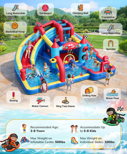 Speed Racer 15-in-1 Inflatable Water Slide Bounce House for Big Kids, 191x175in Double Slide Water Park w/Climbing Wall, Splash Pool,Water Cannon,Basketball,Dartboard & Boxing Post,750W Blower