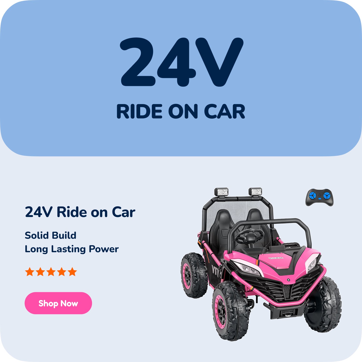 A pink and black 24V ride-on ATV with a remote control, shown on a light blue and white promotional graphic with text overlays.