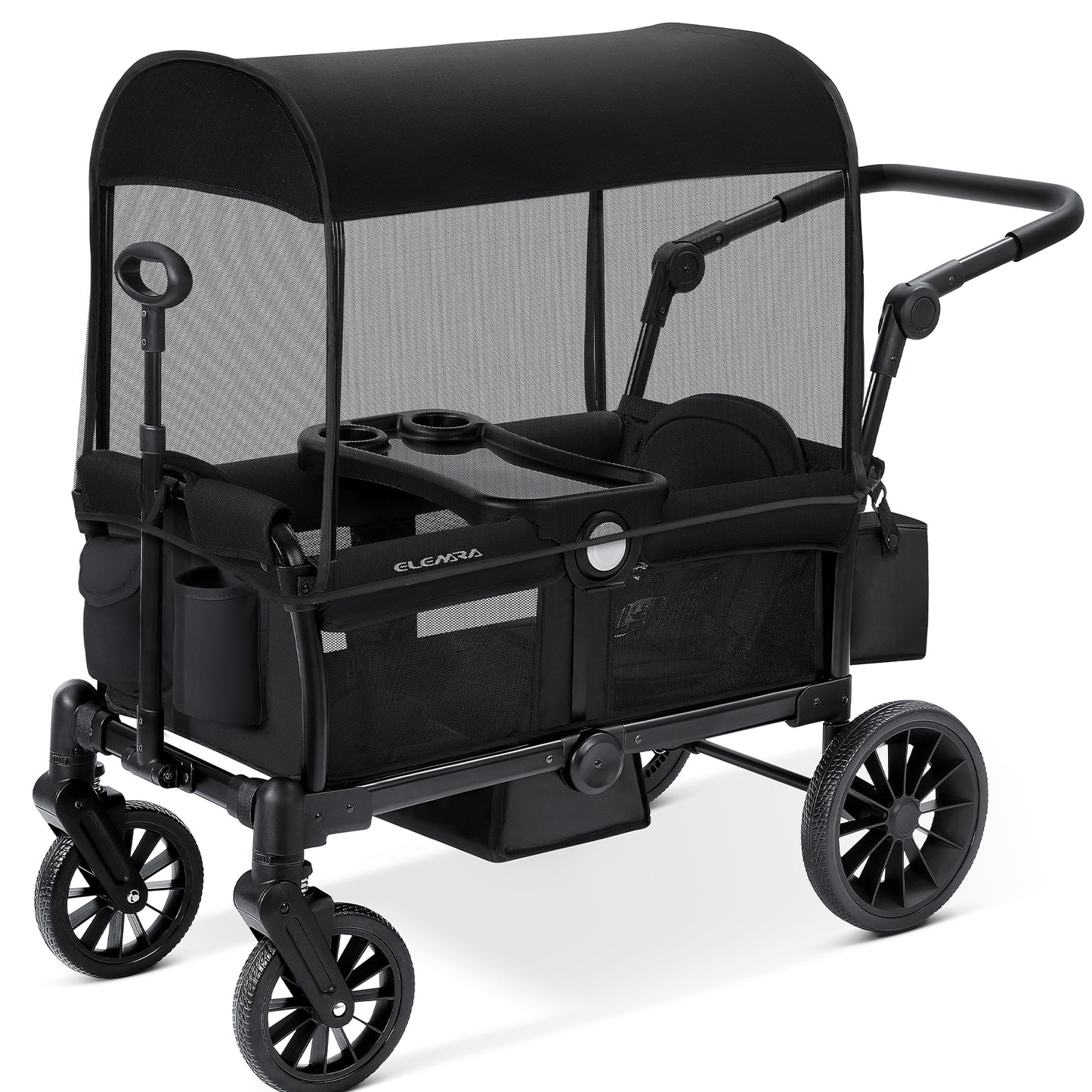 ELEMARA Foldable Wagon Stroller, Stroller Wagon for 2 Kids, Premium All Terrain Wagon for Kids with Removable Canopy, Adjustable Push/Pull Handle, Harnesses, Large Storage Bag, Black