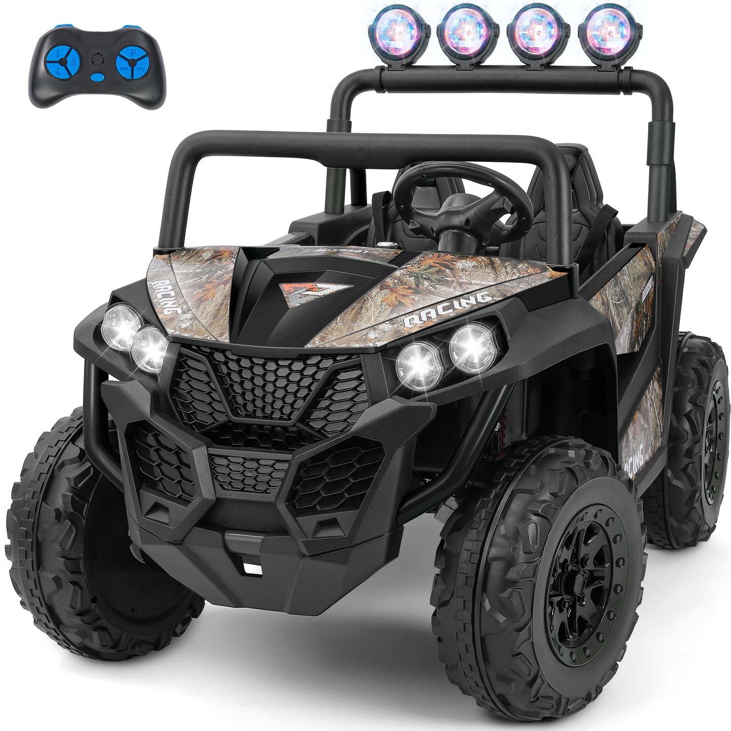 2 Seater 24V Ride on Toys for Big Kids,4x4 All-Terrain Electric Vehicle,car Activities for Kids,car for Toddlers W/Parents Control,Wide Seat,Soft Start,Bluetooth,LED Light,Camouflage Black