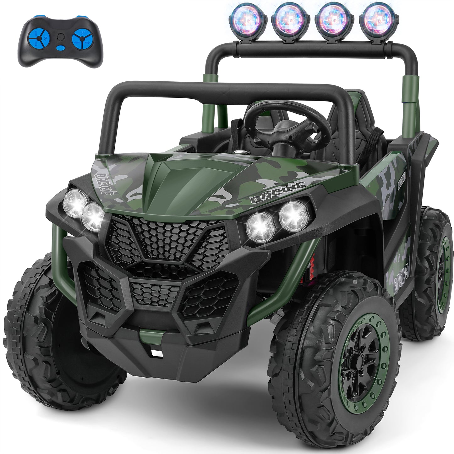 2 Seater 24V Ride on Toys for Big Kids,XL Ride on Car with Remote Control,Max Capacity 130lbs Battery Powered Kids car,5 Mph Max,4-Wheeler Suspension,Bluetooth,Rainbowlight*4,Camouflage Green