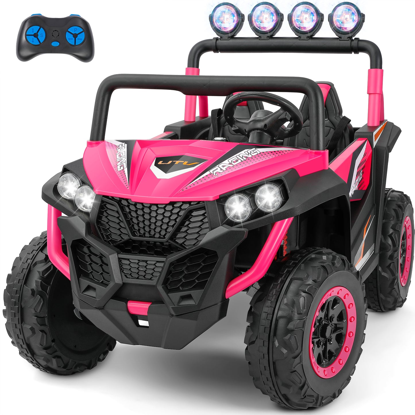 2 Seater 24V Ride on Toys for Big Kids,Electric Car for Kids w/Parent Remote Control,Heavy-Duty Electric Ride On Truck w/ 4-Wheeler Suspension,5 Mph Max Speed,Bluetooth,Rainbowlight*4,Pink